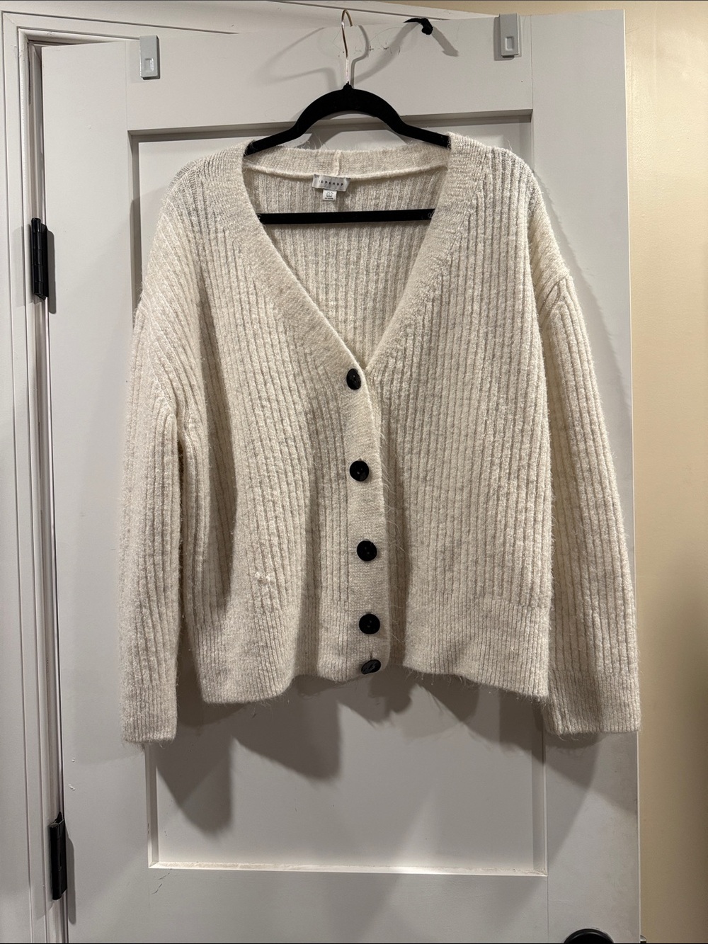 Topshop Cream Ribbed V-Neck Button Cardigan